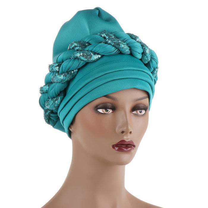 Muslim Double braids Braid For Women Female Headscarf Space cotton Turban Cap With sequins