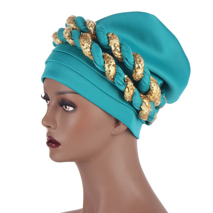 Muslim Double braids Braid For Women Female Headscarf Space cotton Turban Cap With sequins