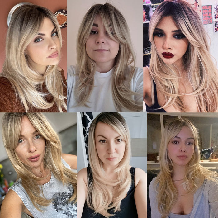 Brown Blonde Ombre Hair Bangs Synthetic Wigs For Women Afro