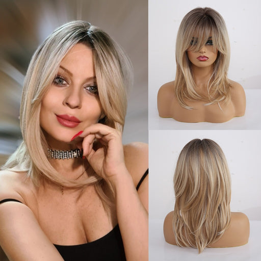 Long Wavy Layered Wigs Bangs Brown to Blonde Ombre Hair Wigs for Afro Women Synthetic Fiber Wigs