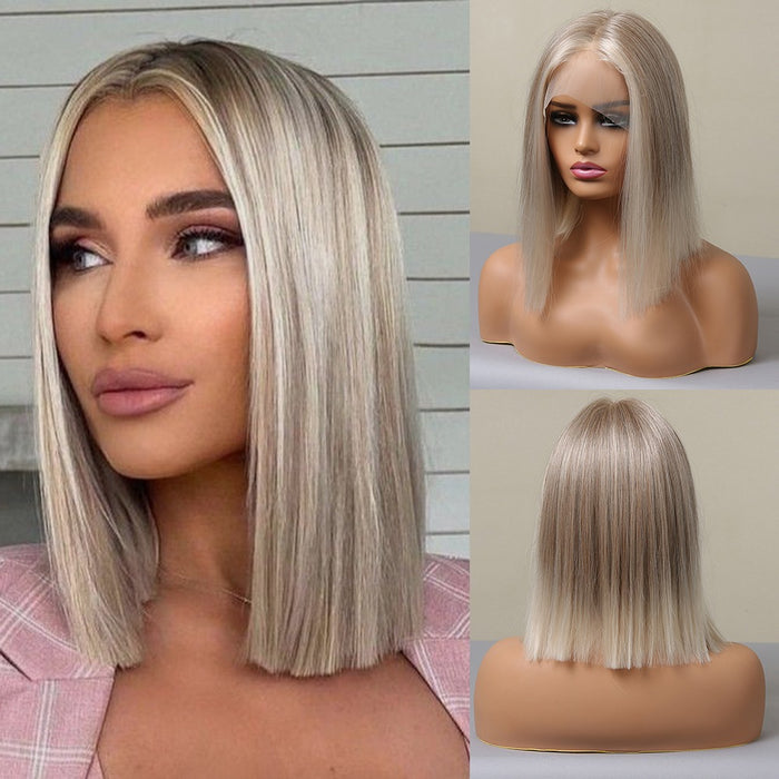 Grey Synthetic Lace front Wigs for Women Afro Natural Hair Bob Wig Straight Blonde Highlight Lace Wig