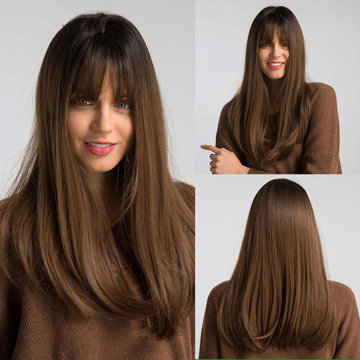 18" Long Brown Wig with Bangs