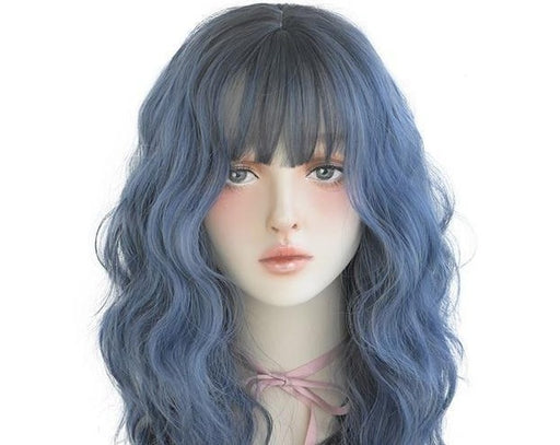 Halloween Blue Deep Wave Wig With Bangs