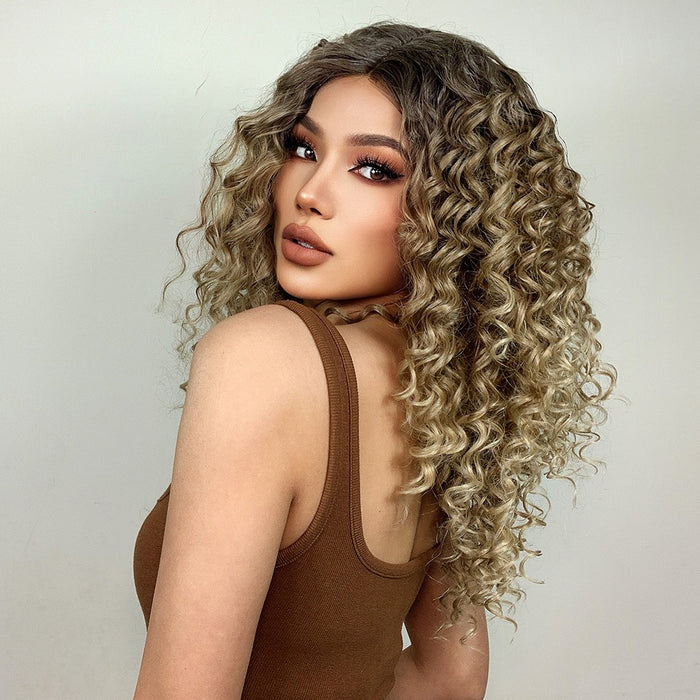 Long Curly Synthetic Lace Wigs Brown Blonde Wig Women Afro Curly Lace Hair