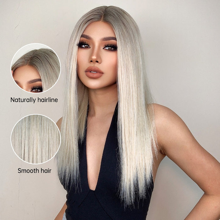 White Blonde Synthetic Lace Wigs Long Straight  Wigs Medium Female Hair Wig