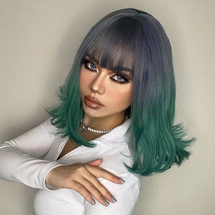 Grey Green Synthetic Wigs Shoulder Length Natural Wave Wig with Bangs Colorful for Women pixie curls wig