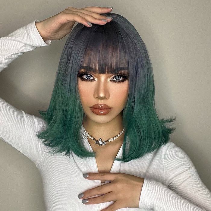 Grey Green Synthetic Wigs Shoulder Length Natural Wave Wig with Bangs Colorful for Women pixie curls wig