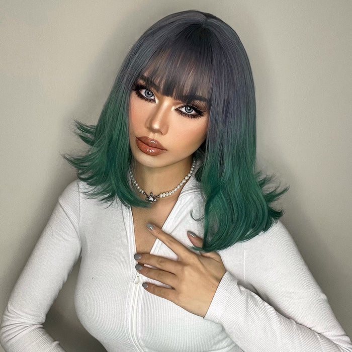 Grey Green Synthetic Wigs Shoulder Length Natural Wave Wig with Bangs Colorful for Women pixie curls wig