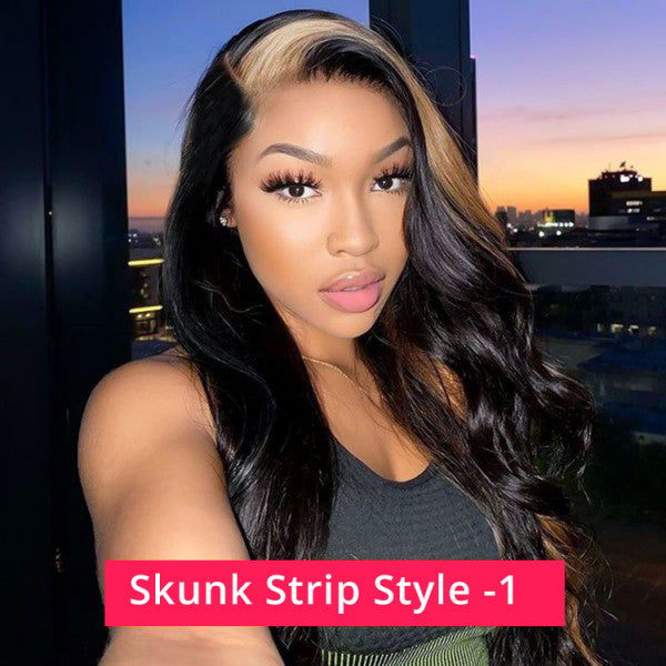 Skunk Stripe Wig with Honey Blonde Highlights Body Wave Human Hair Lace Frontal Wig