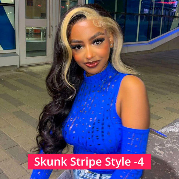 Skunk Stripe Wig with Honey Blonde Highlights Body Wave Human Hair Lace Frontal Wig