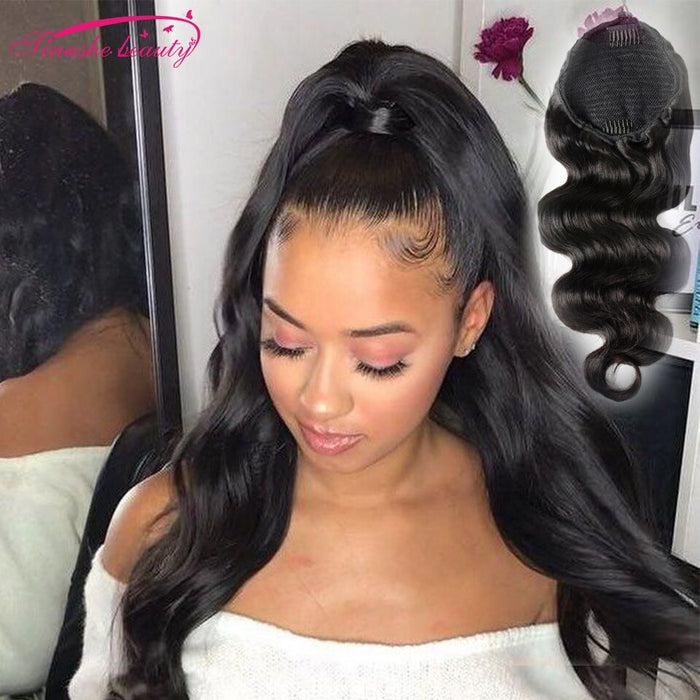 Ponytail Human Hair Extension Drawstring Clip In For Black Women Pony tail Natural Black