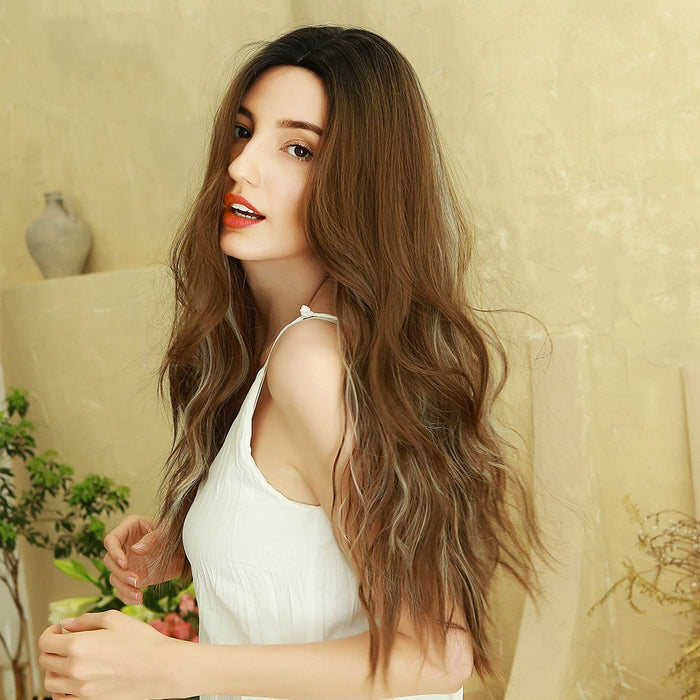 synthetic wig long curly hair color deep root golden wig middle part high temperature fiber